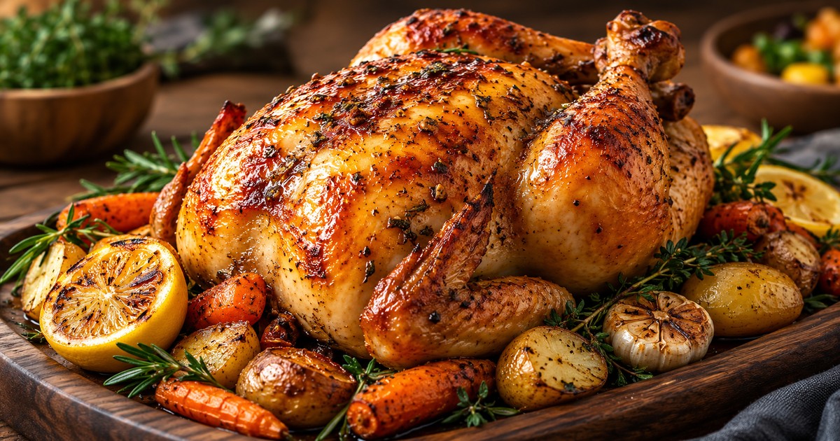 Frango assado dourado com ervas e acompanhamentos